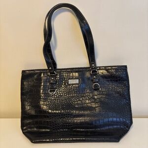 9 & Co Faux Leather Croc Alligator Tote Shoulder Bag Purse Black Medium Size